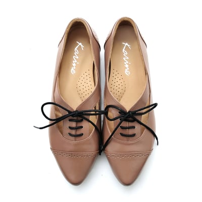 karine(MIT台灣製)全真皮尖頭綁帶內增高牛津鞋-駝色1