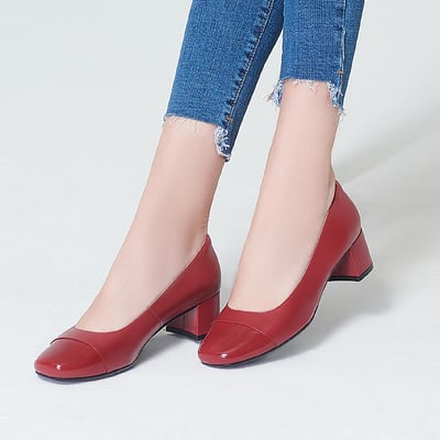 karine(MIT台灣製)全真皮拼接方頭粗跟包鞋-拉丁紅4