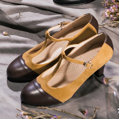 karine(MIT台灣製)全真皮T字繫帶瑪莉珍高跟鞋-摩卡1