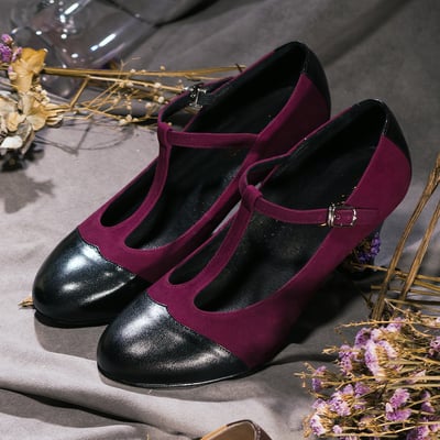 karine(MIT台灣製)全真皮T字繫帶瑪莉珍高跟鞋-黑莓1