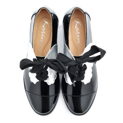 karine(MIT台灣製)全真皮拼色綁帶粗跟牛津鞋-炫銀黑3