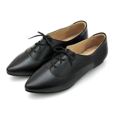 karine(MIT台灣製)全真皮尖頭綁帶內增高德比鞋-黑色5
