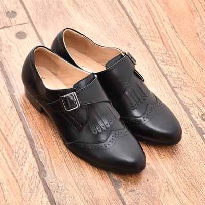 karine(MIT台灣製)全真皮兩穿流蘇低跟孟克鞋-黑色1