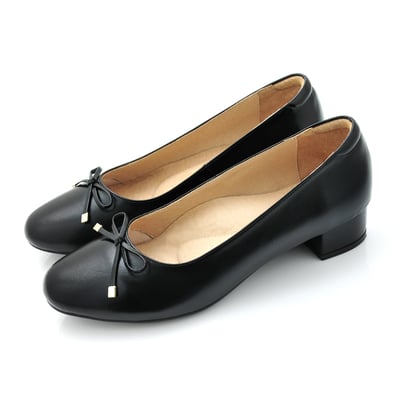 karine(MIT台灣製)全真皮金屬蝴蝶結低跟包鞋-黑色2