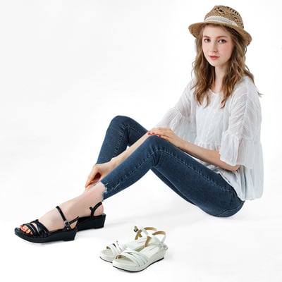 karine(MIT台灣製)全真皮交叉細帶鏤空楔型涼鞋-黑色6