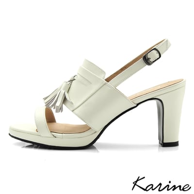 karine(MIT台灣製)全真皮一字帶流蘇高跟涼鞋-白色4