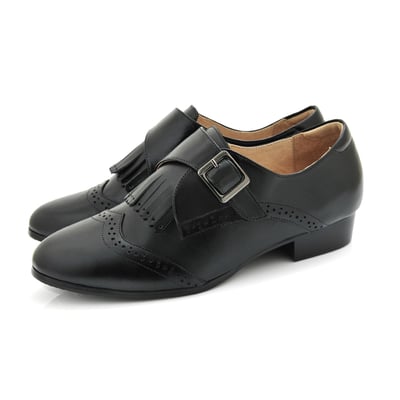 karine(MIT台灣製)全真皮兩穿流蘇低跟孟克鞋-黑色3