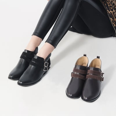 karine(MIT台灣製)全真皮拼接雙帶飾釦短靴-黑色4