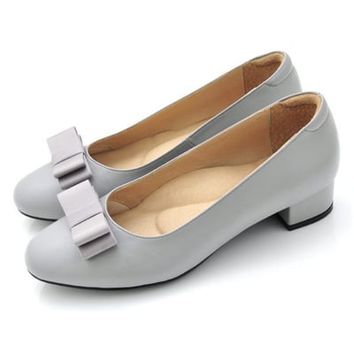 karine(MIT台灣製)全真皮緞帶蝴蝶結低跟包鞋-迷霧灰1