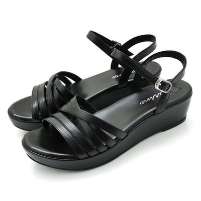 karine(MIT台灣製)全真皮交叉細帶鏤空楔型涼鞋-黑色1