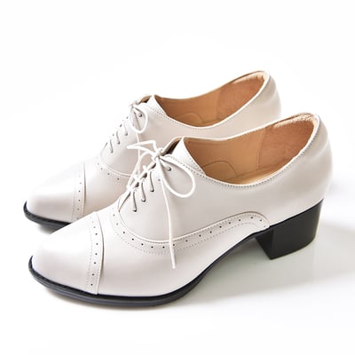 karine(MIT台灣製)全真皮綁帶牛津粗跟踝靴-米白色3