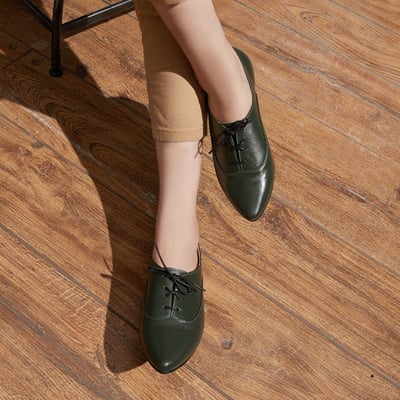karine(MIT台灣製)全真皮尖頭綁帶內增高德比鞋-橄欖綠4