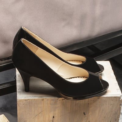 karine(MIT台灣製)全真皮素面魚口高跟鞋-漆皮黑3