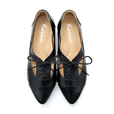 karine(MIT台灣製)全真皮尖頭綁帶內增高牛津鞋-黑色1