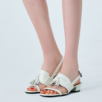 karine(MIT台灣製)全真皮一字帶流蘇低跟涼鞋-白色4