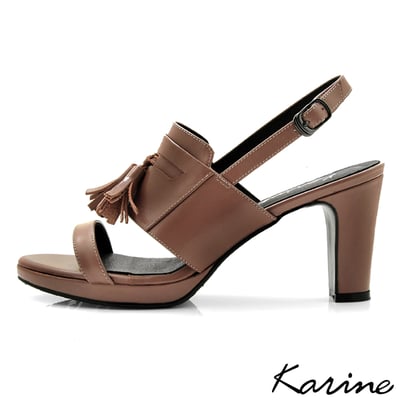 karine(MIT台灣製)全真皮一字帶流蘇高跟涼鞋-棕色4