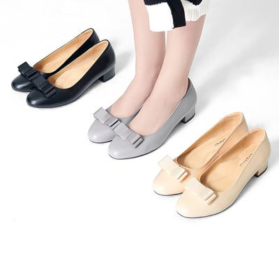 karine(MIT台灣製)全真皮緞帶蝴蝶結低跟包鞋-粉橘色4