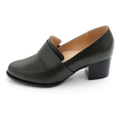 karine(MIT台灣製)全真皮素面粗跟樂福鞋-橄欖綠3