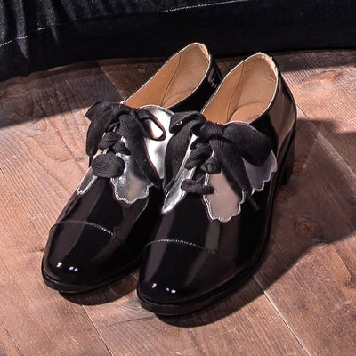 karine(MIT台灣製)全真皮拼色綁帶粗跟牛津鞋-炫銀黑1