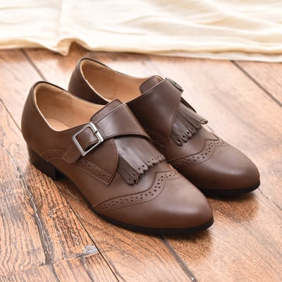 karine(MIT台灣製)全真皮兩穿流蘇低跟孟克鞋-復舊咖啡色1