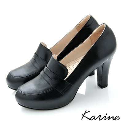 karine(MIT台灣製)全真皮素面樂福高跟鞋-黑色3