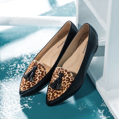 karine(MIT台灣製)全真皮流蘇尖頭內增高楔型鞋-豹紋黑1