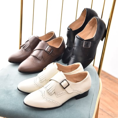 karine(MIT台灣製)全真皮兩穿流蘇低跟孟克鞋-香草白6