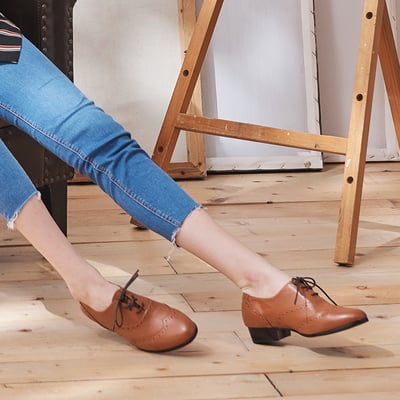 karine(MIT台灣製)全真皮綁帶低跟牛津鞋-棕色6