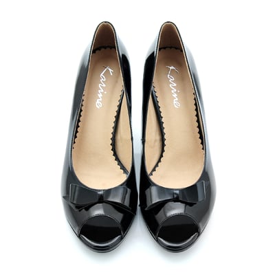 karine(MIT台灣製)全真皮蝴蝶結魚口高跟鞋-漆皮黑3