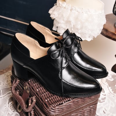 karine(MIT台灣製)全真皮綁帶樂福粗跟踝靴-原皮黑1