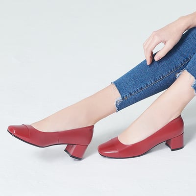 karine(MIT台灣製)全真皮拼接方頭粗跟包鞋-拉丁紅3