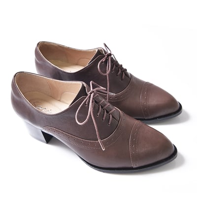 karine(MIT台灣製)全真皮綁帶牛津粗跟踝靴-棕色3