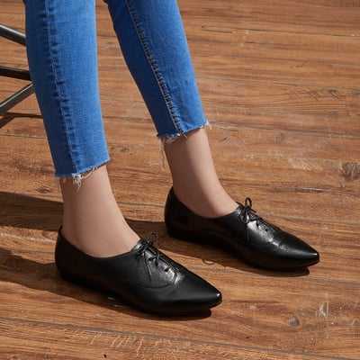karine(MIT台灣製)全真皮尖頭綁帶內增高德比鞋-黑色2