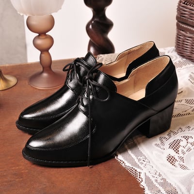 karine(MIT台灣製)全真皮綁帶樂福粗跟踝靴-原皮黑3