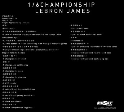【預購】NBA 十周年紀念版 1/6收藏級可動人偶套裝 RS騎士奪冠詹姆斯 X Reset-Studio8