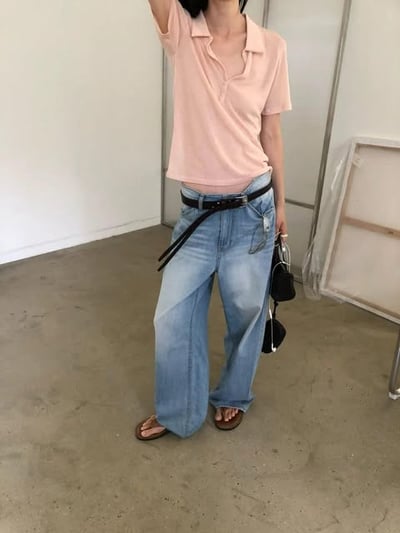 夏日薄料刷痕感落地褲  ( 藍色 )5