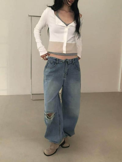 反摺褲頭單邊割破丹寧褲10