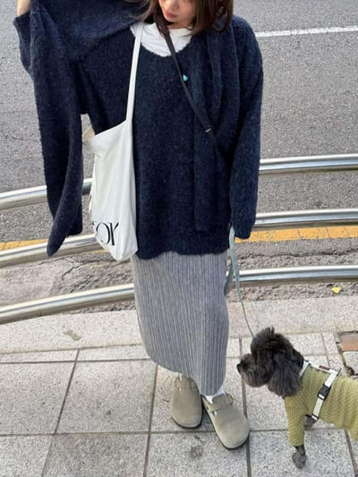 圍巾+V領毛衣SET ( 3色 )12