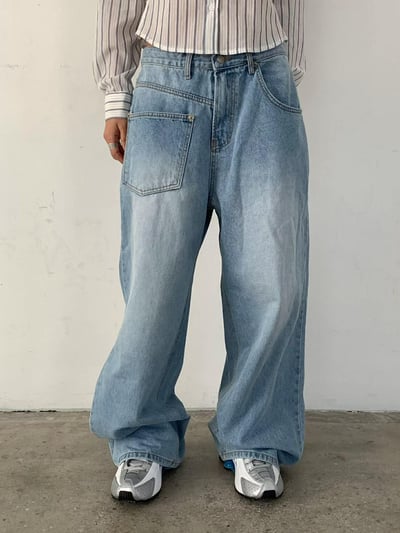 設計師不對稱口袋丹寧褲12