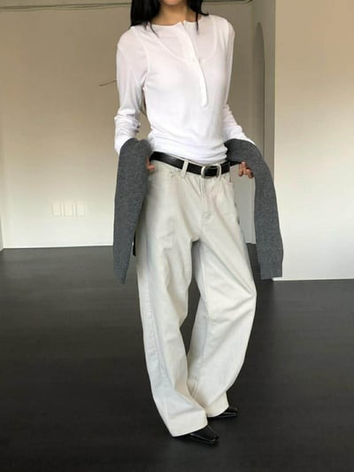 薄感長腿直筒褲 ( 米白色 )4