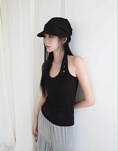 彈性直紋繞頸背心 ( 黑色/酒紅色 )18