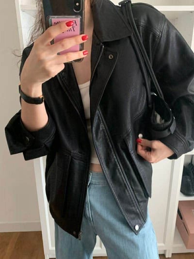 春款紋理感皮夾克8