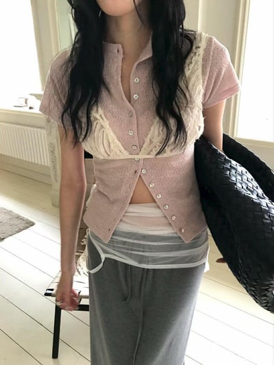 小花貝殼釦短袖衫 ( 3色 )11