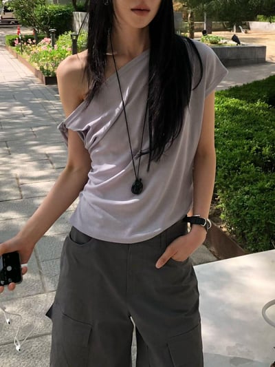 斜肩側抓皺上衣 ( 3色 )5