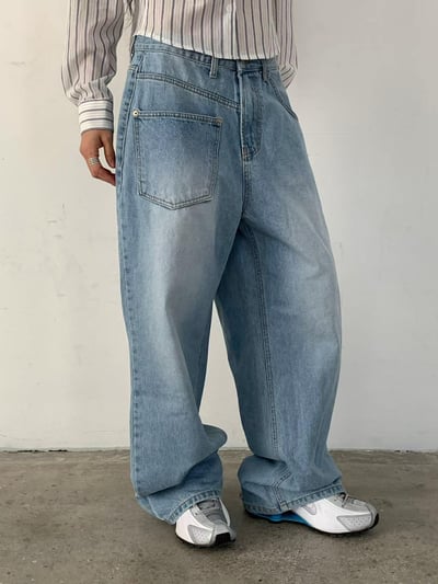 設計師不對稱口袋丹寧褲15