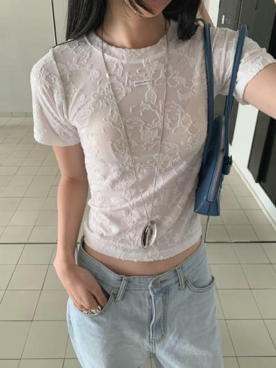 蕾絲花紋短袖上衣 ( 2色 )9