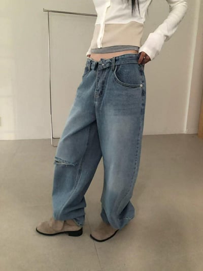 反摺褲頭單邊割破丹寧褲12