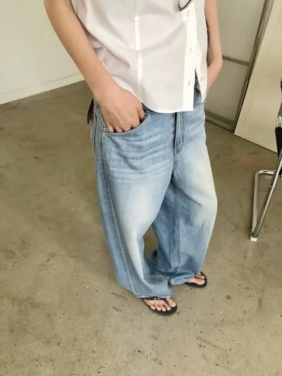 夏日薄料刷痕感落地褲  ( 藍色 )4