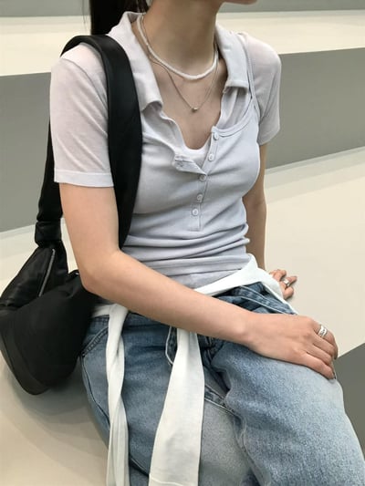 開襟翻領短袖上衣 ( 3色 )2