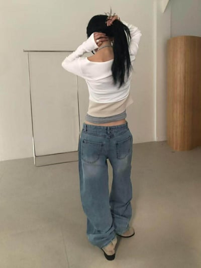 反摺褲頭單邊割破丹寧褲13